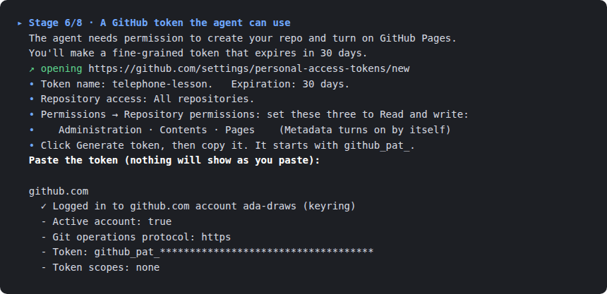Terminal showing stage 6 of the setup wizard, the GitHub token